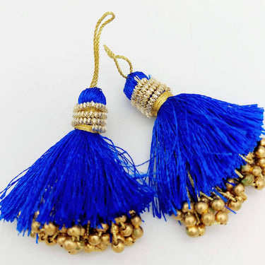 Royal Blue Tassels With Gold Beads, Beaded Thread Tassel Charms, Silky Tassels